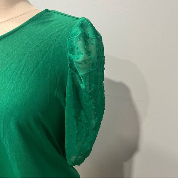 NWT Adrianna Papell Vivid Green Pleated Clip Dot Sheer Sleeve Top Size Large - Picture 3 of 7